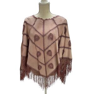 Vtg Newport News Mauve Pink Leather Poncho Cape Jacket Crochet Fringe Hem‎ Retro